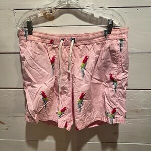 Modern Amusement men’s pink parrot print swim trunks size medium, GUC, lined.
